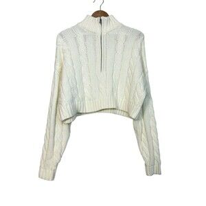 Staud Sweater Women’s Size Small Ivory Hampton Crop Half Zip Cotton Cable Knit
